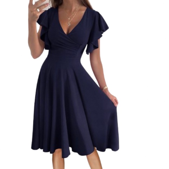 Women’s V Neck Ruffle Sleeve Midi Cocktail Dress - Picture 1 of 7